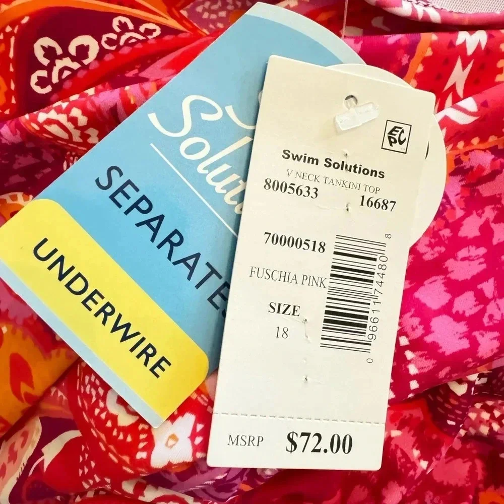 Swim Solutions Plus Size Underwire Paisley Tankini Swim Top Pink Size 18 NWT
